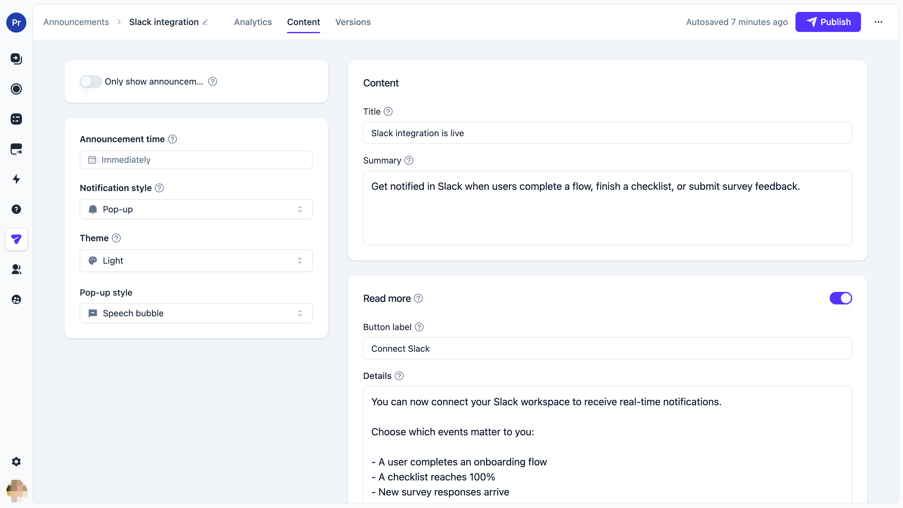The announcement editor combines content, targeting, notification, and publishing controls.
