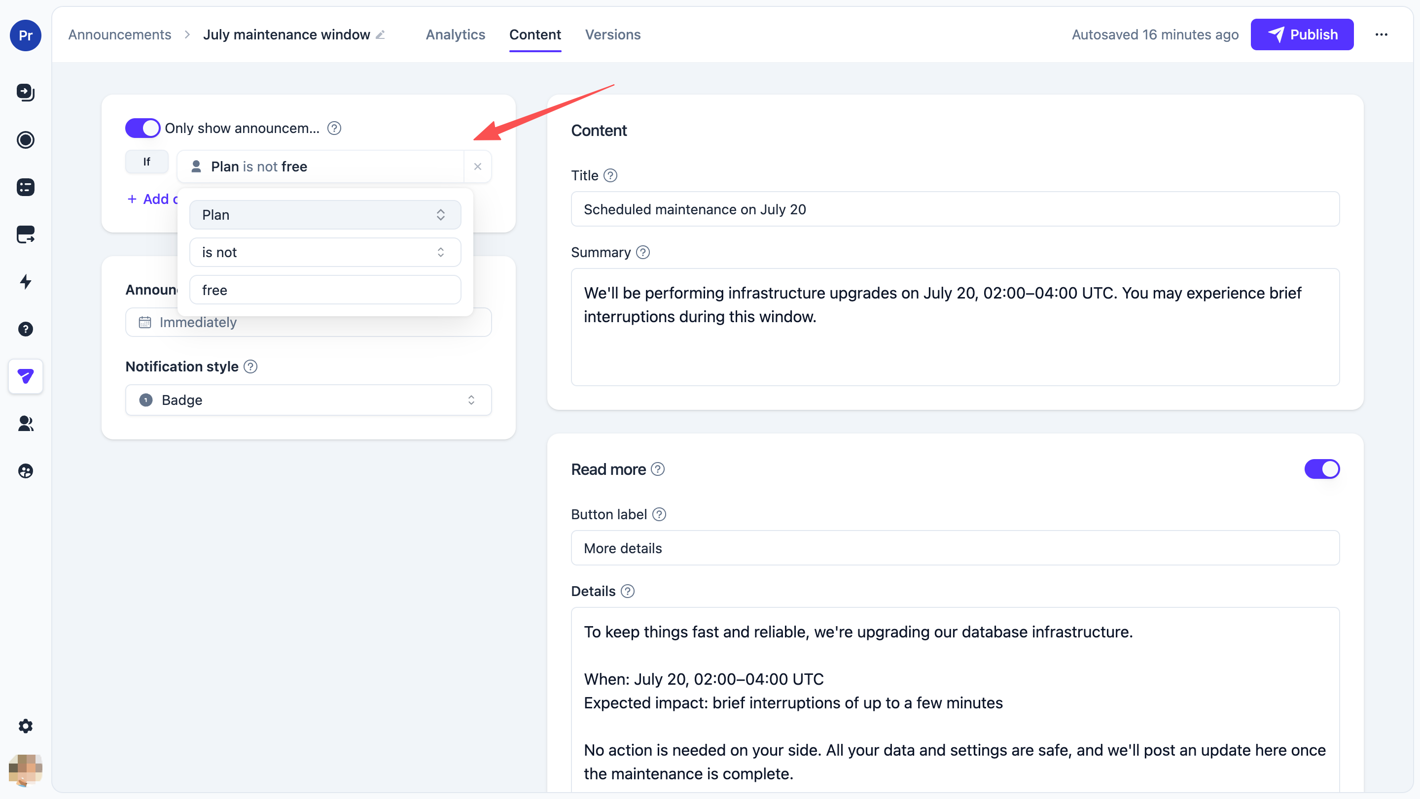 Set notification style, audience rules, and announcement time alongside the announcement content.