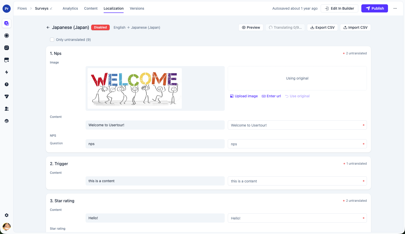 AI Translate fills missing content in the localization editor while leaving existing translations untouched.