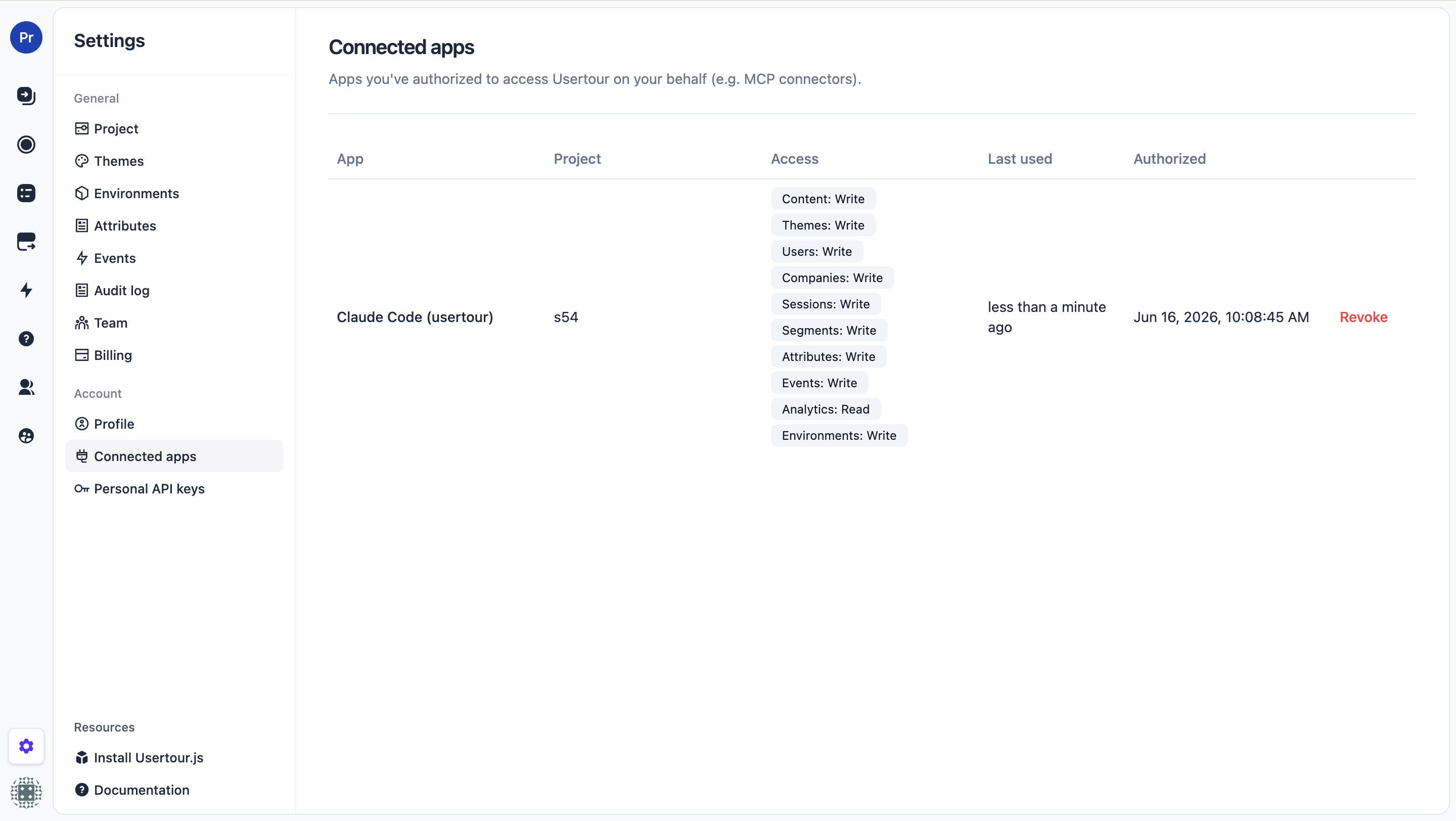 Connected apps shows the access granted to an MCP client and lets you revoke it at any time.
