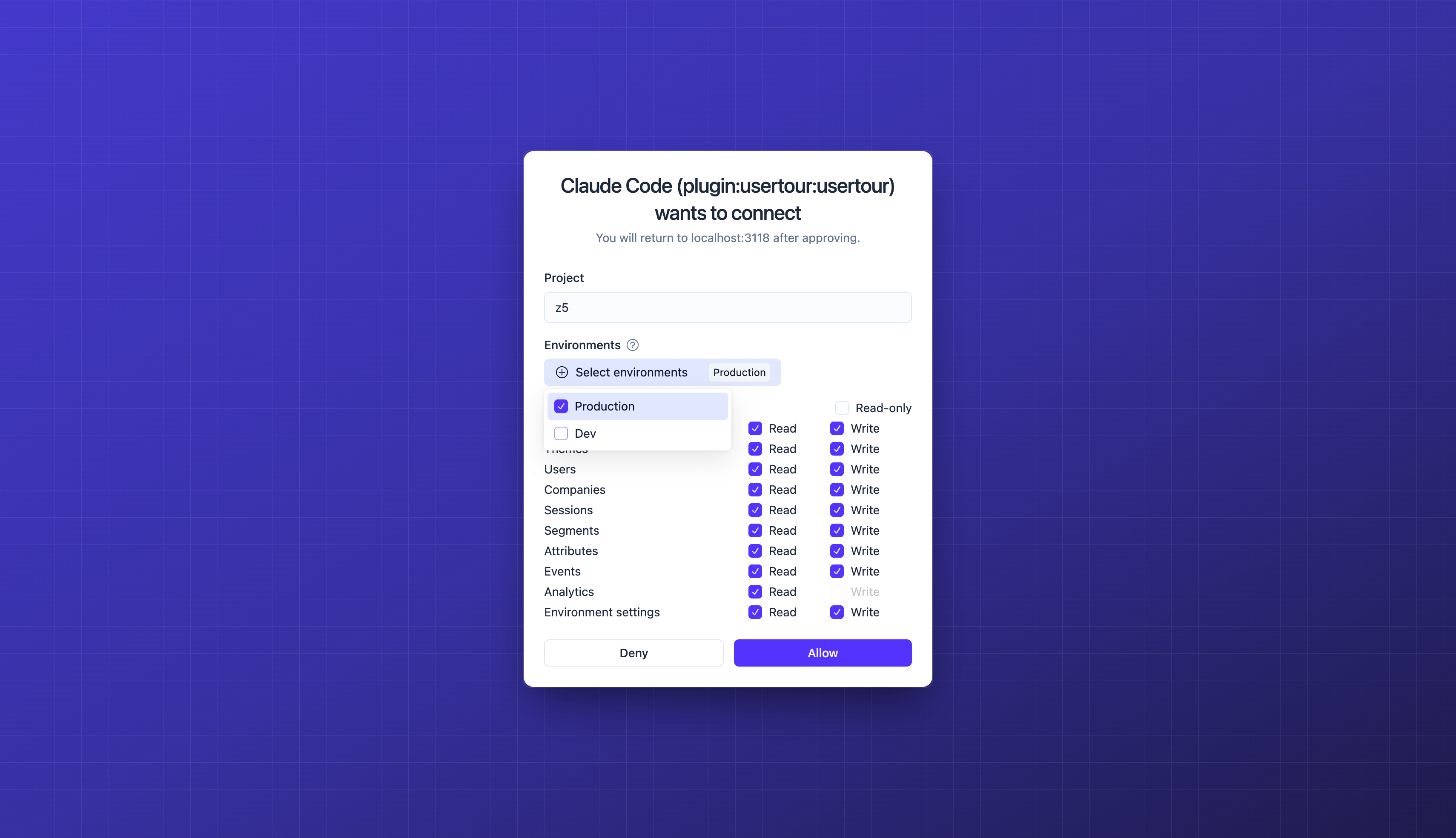 The Usertour consent screen makes the project, environments, and access granted to an AI connection explicit.